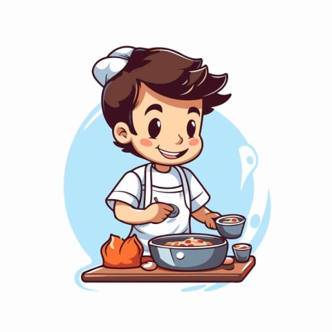 Vector illustration of a boy cooking in the kitchen. Cartoon sty