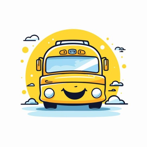 Cute yellow school bus with smiley face. Vector illustration.