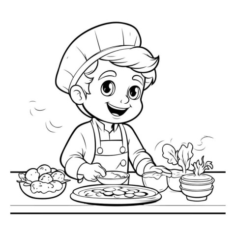 Black and White Cartoon Illustration of Little Chef Boy Cooking