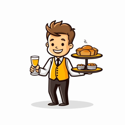 Waiter holding a tray of food. Vector illustration in cartoon st