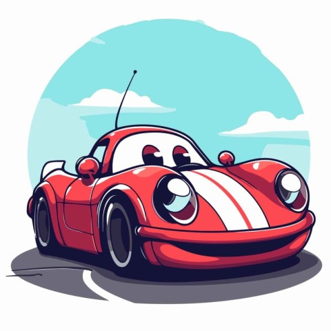 Vector cartoon illustration of a funny red car on the road. Side