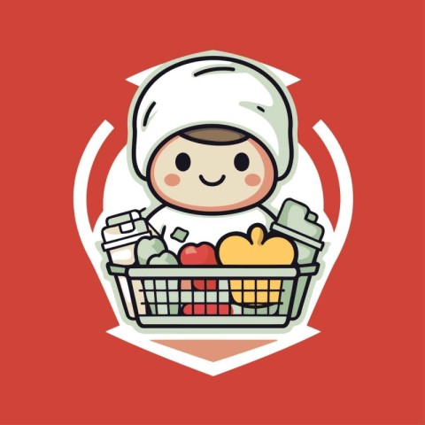 Cute boy with shopping cart full of food. Vector illustration.