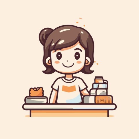 Illustration of a Cute Girl Sitting at the Table with Her Grocer