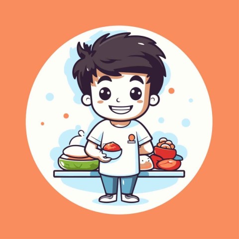 Cartoon boy cooking healthy food. Vector illustration. Cute char