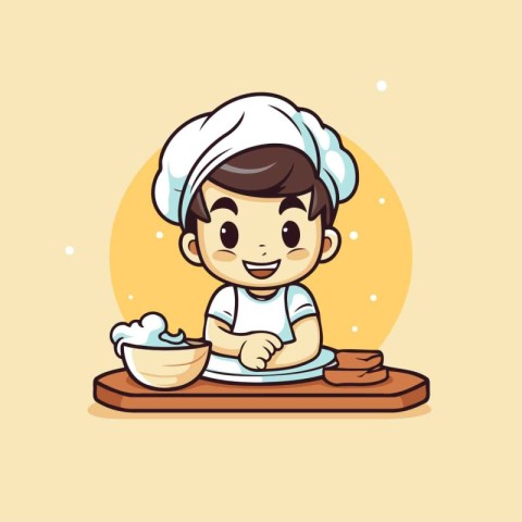 Cute chef boy cooking in the kitchen. Vector cartoon illustratio