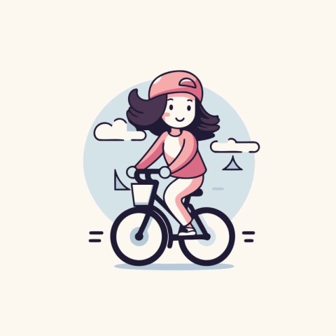 Vector illustration of a girl riding a bicycle in the city. Flat