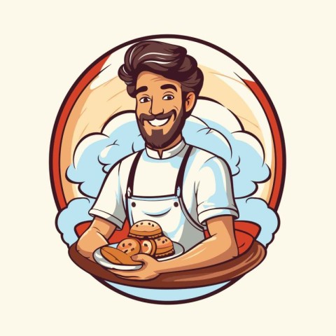 Handsome man chef with a plate of cookies. Vector illustration