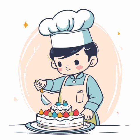 Cute boy chef with cake. Vector illustration in cartoon style.