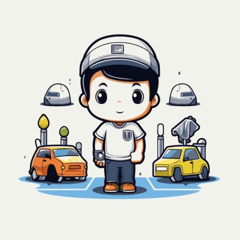 Cartoon boy and cars in the parking lot vector illustration grap