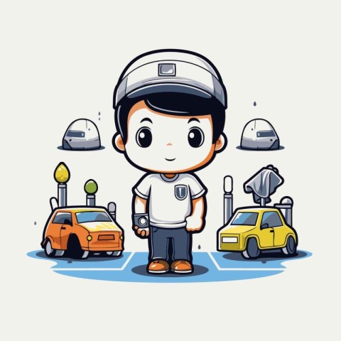 Cartoon boy and cars in the parking lot vector illustration grap