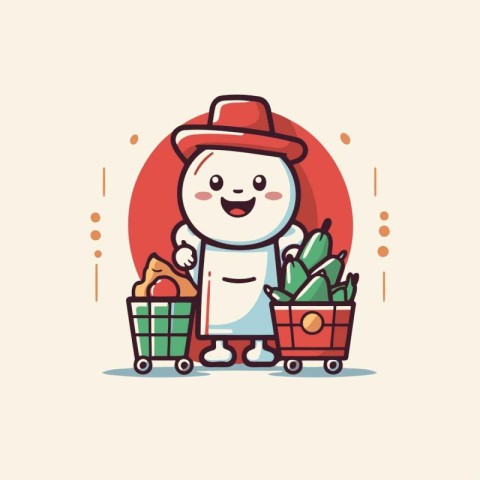 Funny snowman with shopping cart and food. Vector illustration.