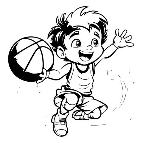 Black and White Cartoon Illustration of a Kid Playing Basketball