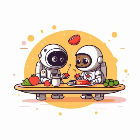 Astronaut and cosmonaut with food. Vector illustration.