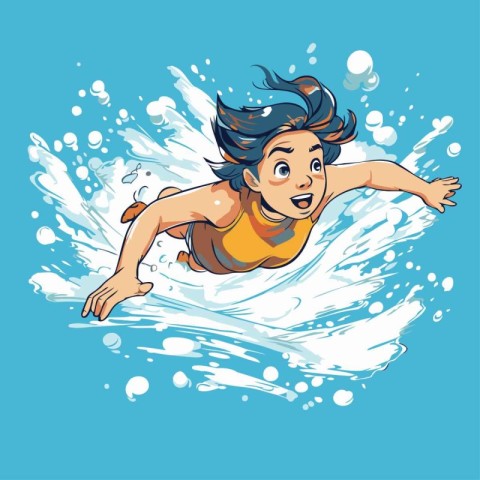 Surfer girl in a splash of water. Vector cartoon illustration.