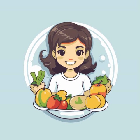 Cute little girl holding plate with fruits and vegetables. Vecto