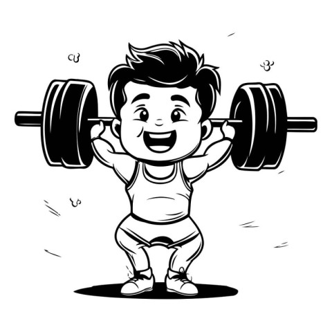 Cartoon little boy lifting a barbell. Vector clip art illustrati