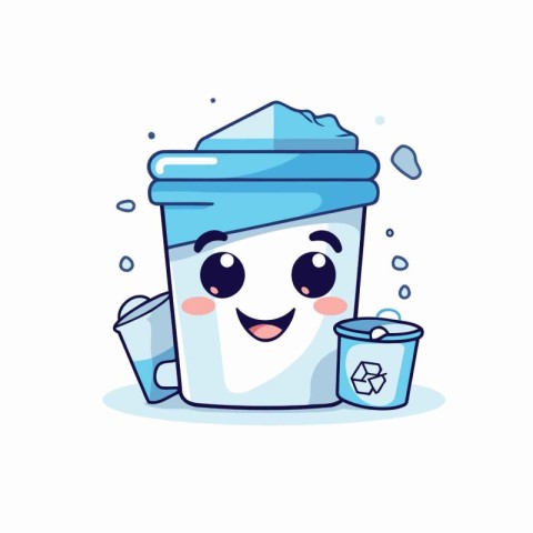 Coffee cup and trash can. Cute cartoon character. Vector illustr