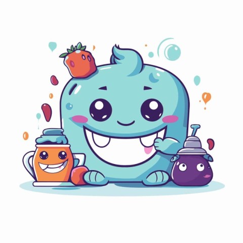 Cute cartoon blueberry character with jam jar. vector illustrati