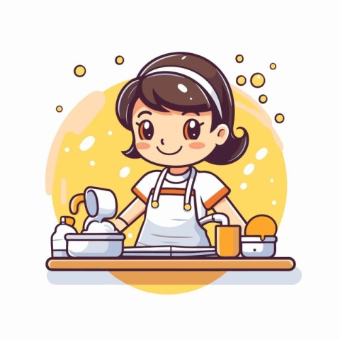 Cute little girl cooking in the kitchen. Vector illustration in