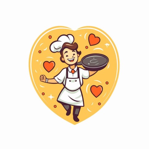 Chef holding a plate in the shape of a heart. Vector illustratio