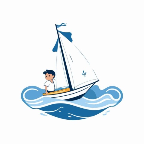 Sailing on waves. Vector illustration of a boy in a sailboat.