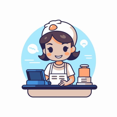 Cute little girl in chef hat and apron working on laptop. Vector