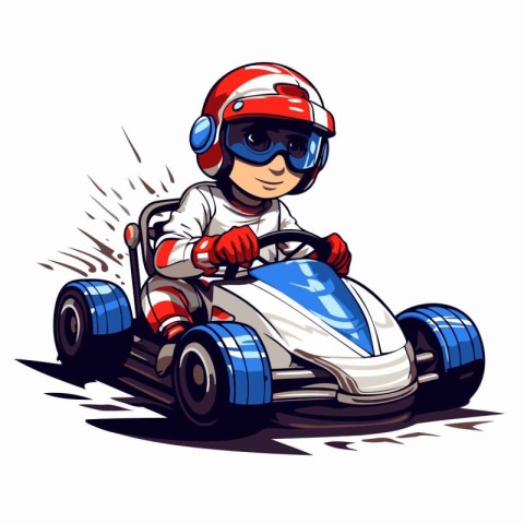 Cartoon karting boy in helmet. Vector illustration for your desi