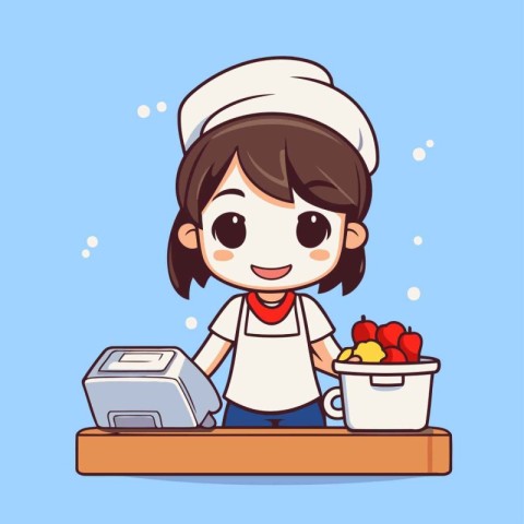 Cute little girl chef cooking in the kitchen. Vector illustratio