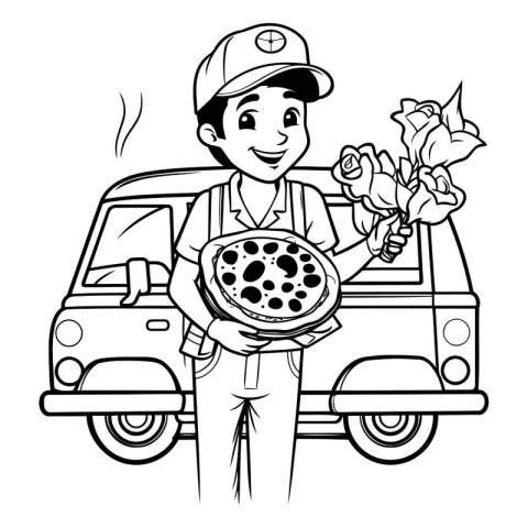 Pizza delivery boy with pizza and flowers cartoon vector illustr