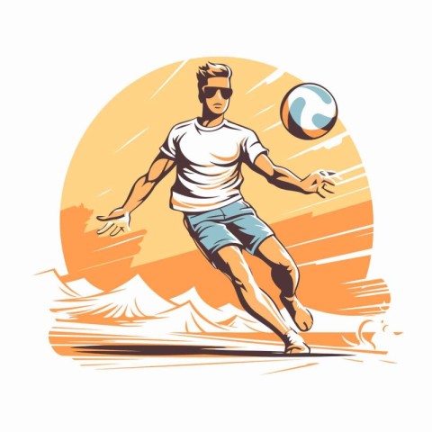 Beach volleyball player with ball on the sunset. Vector illustra