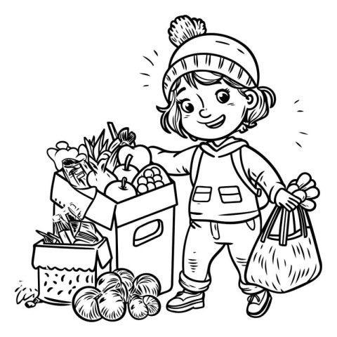 Black and White Cartoon Illustration of Girl with Grocery Basket