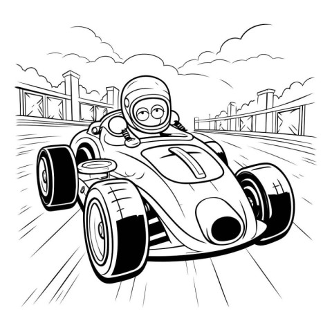 Black and White Cartoon Illustration of a Vintage Race Car Drive