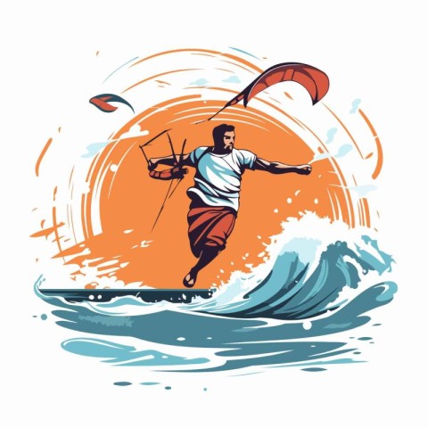 Kitesurfer with a kite on the waves. Vector illustration.