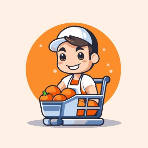 Cute cartoon supermarket worker with shopping cart trolley. Vect