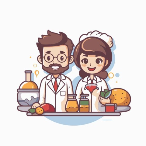 Cute chef and his assistant in the kitchen. Vector illustration.