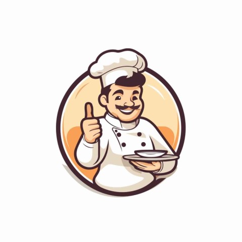 Chef holding plate and showing thumbs up. Vector illustration in