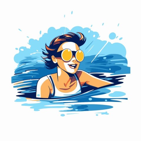 Vector illustration of happy young woman in swimsuit and sunglas