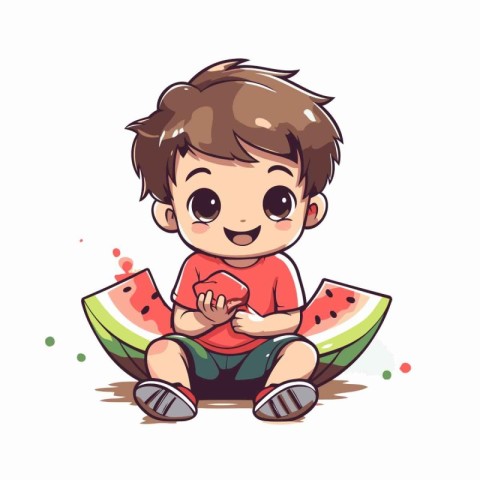 Cute little boy eating watermelon isolated on white background.