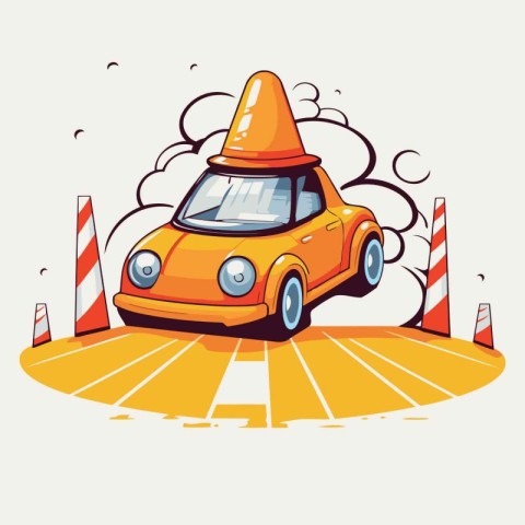 Cartoon car with traffic cone on the road. Vector illustration.