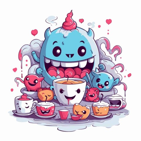 Cute cartoon monster with cup of coffee and sweets. Vector illus