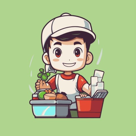 Cute cartoon farmer with food basket. Vector illustration in car