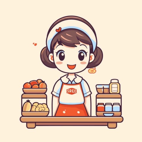 Cute little girl in apron shopping in supermarket. Vector illust