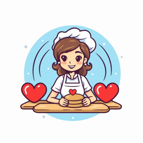 Cute cartoon girl chef in chef hat and apron sitting at the tabl