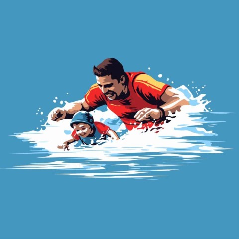 Father and son surfing on the waves. Vector illustration of a fa