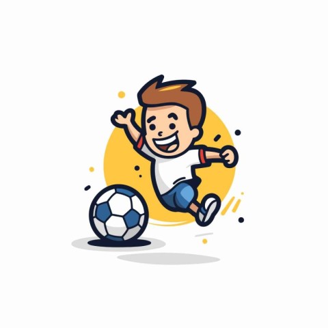 Boy playing soccer line icon. Vector illustration in trendy flat