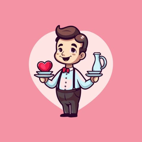 Cute cartoon waiter with a tray of food. Vector illustration.