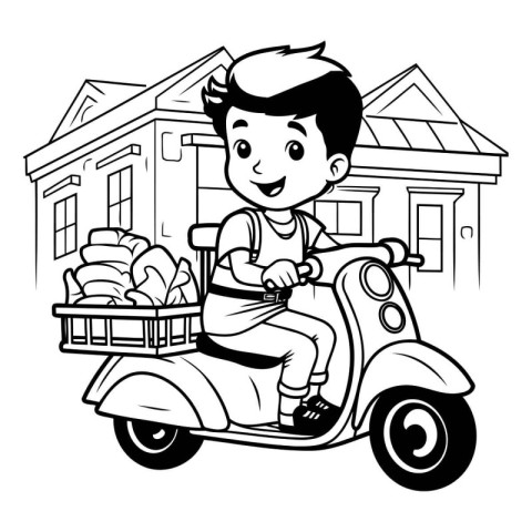 Boy riding a motorbike with a basket of bread. Vector illustrati