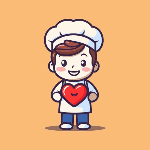 Cute chef boy holding heart shape cartoon vector illustration. C