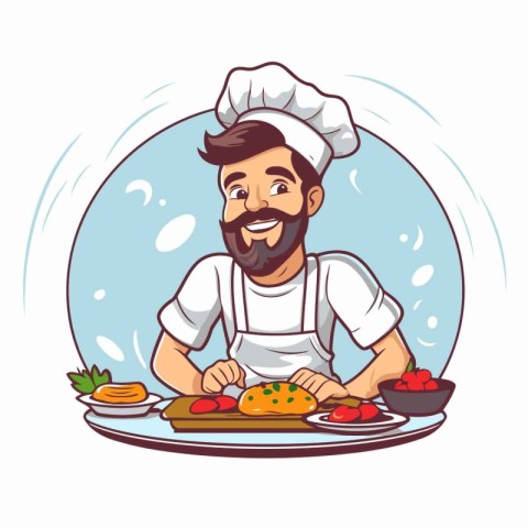 Chef with plate of food. Vector illustration in cartoon style.