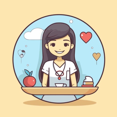 Cute girl with healthy food. Vector illustration in cartoon styl